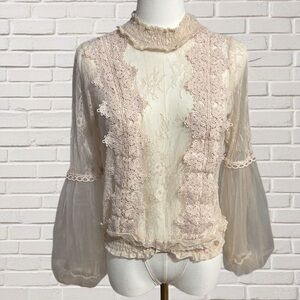Blashe Lace Sheer Bell Sleeve Blouse Boho Cottagecore Prairie Romantic Top M